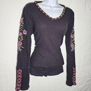 Sundance Black Long Sleeve Top with Floral Embroidery